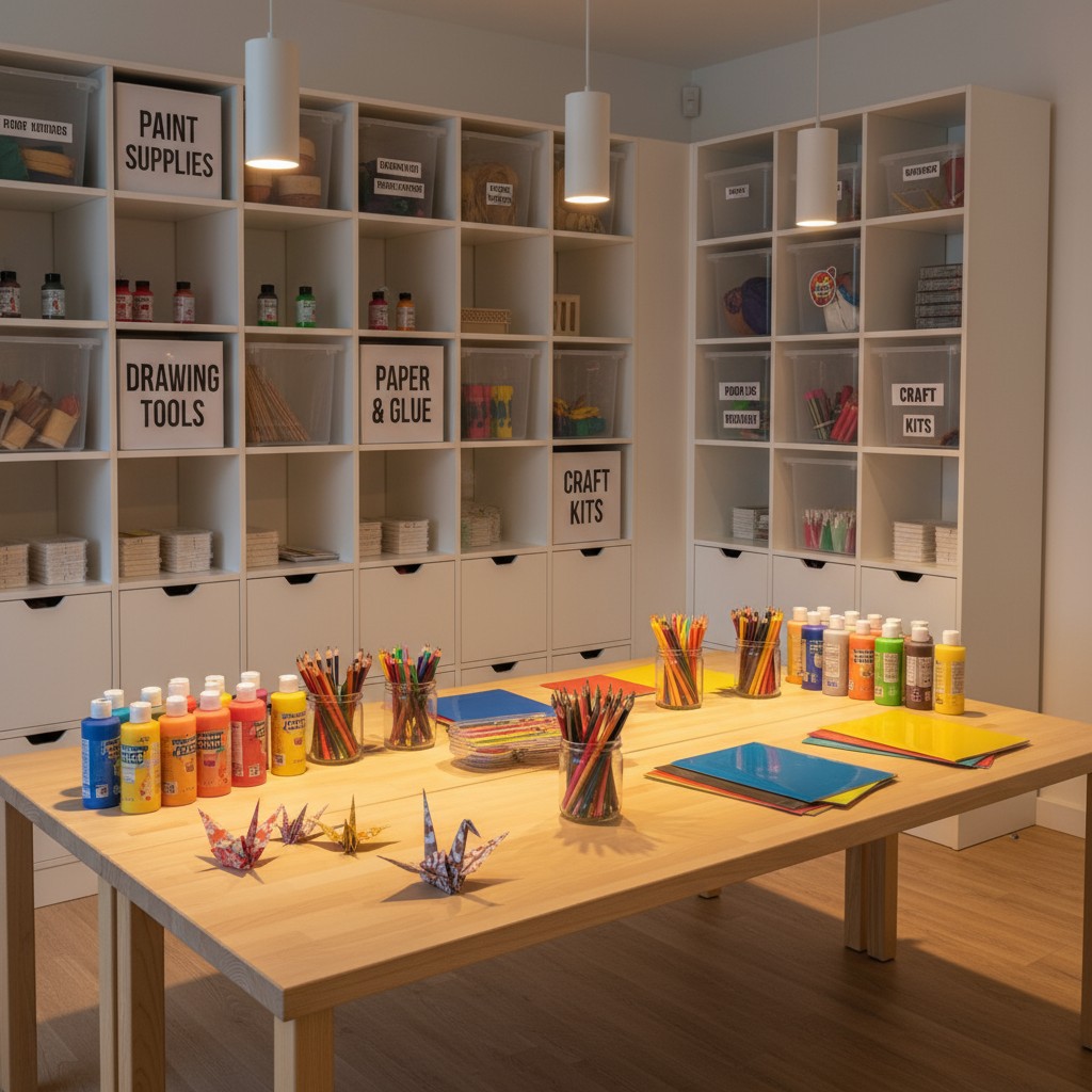 A room filled with art supplies, including paint, paper, and craft tools on shelves. English