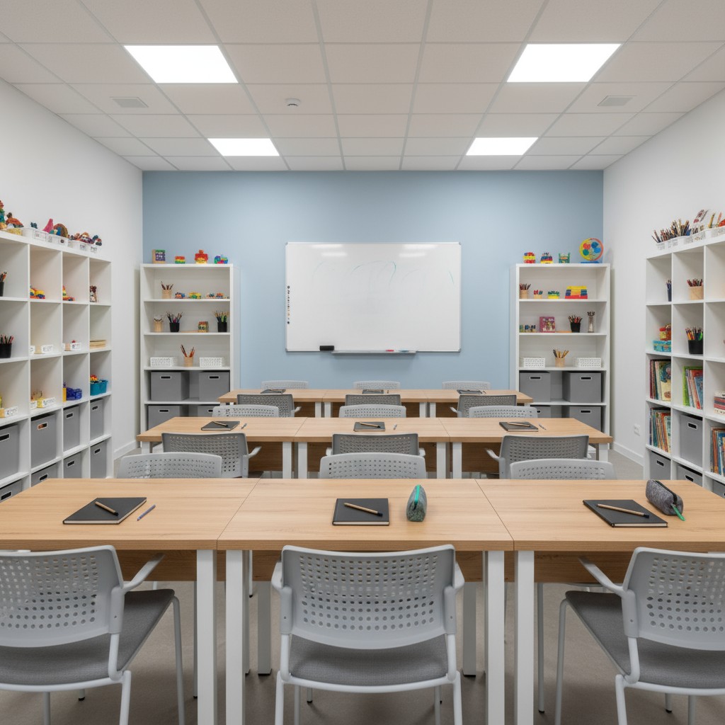 A multipurpose classroom from the early perspectives classroom, tables lighting