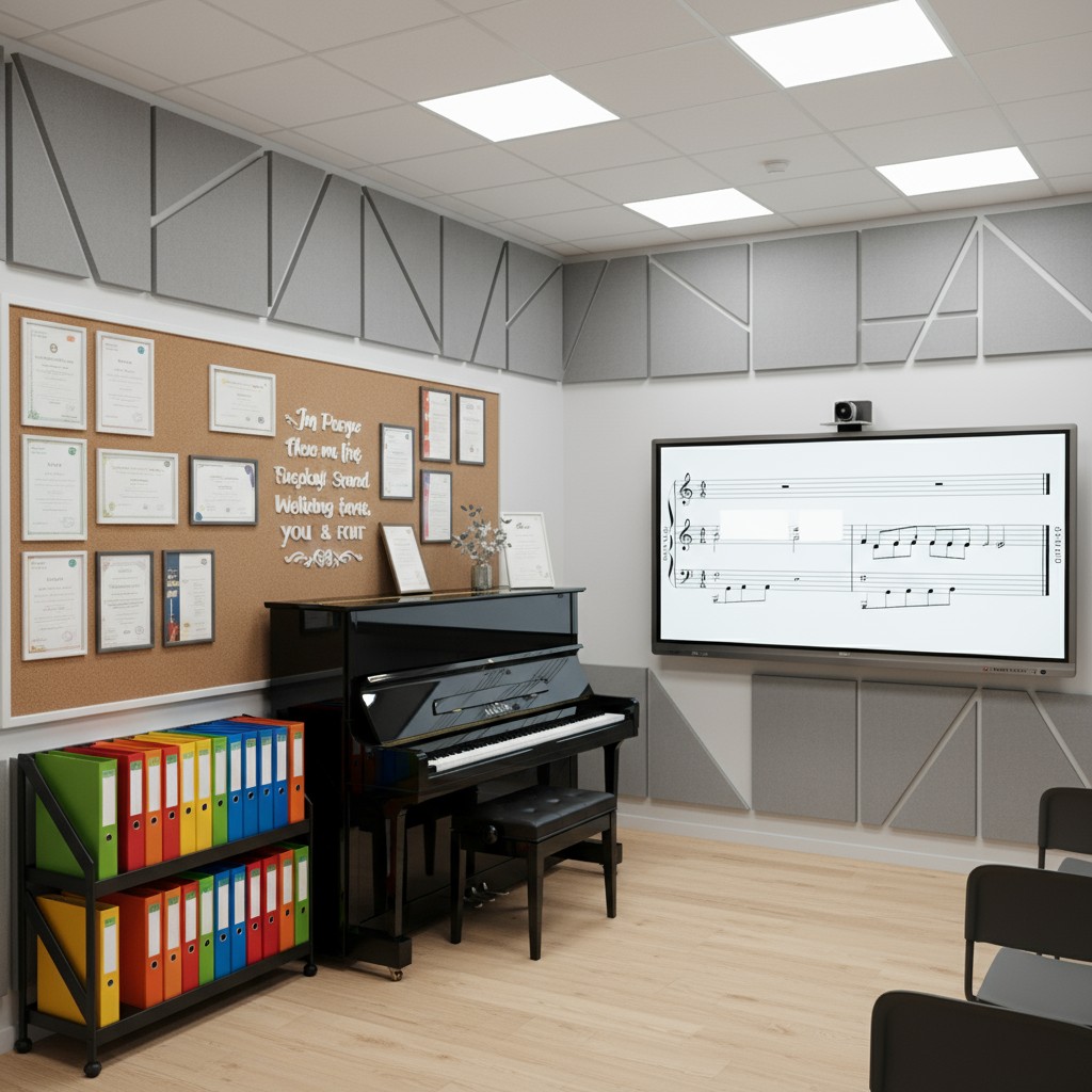 Here is the alt text provided, "Decorated classroom with various charts and visual aids and room for seated students and a...