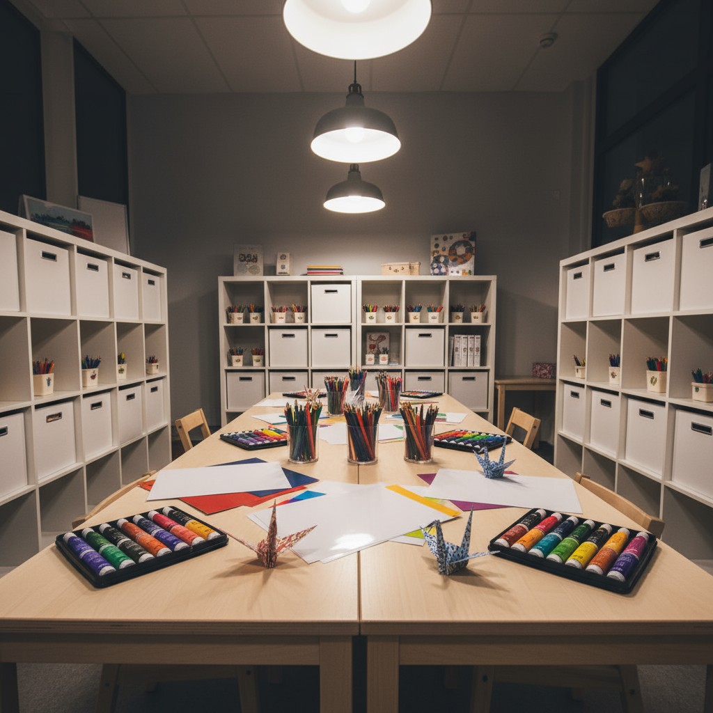 A photograph of a spacious, well-lit craft room with numerous art supplies on a large table and well-organized shelving un...