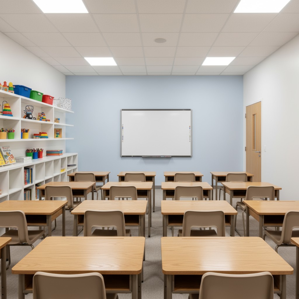 A simple school environment with a clean design, where interactive elements like desks, shelves, and a whiteboard are prom...